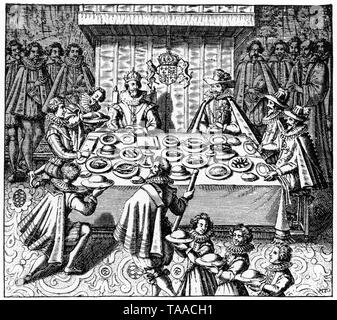 King James I (1566-1625) feasting with the Spanish Ambassador extraordinary who accompanied Prince Charles the future King Charles I (1600-1649) and George Villiers, 1st Duke of Buckingham KG (1592 -1628) on their return from Madrid, 1623.