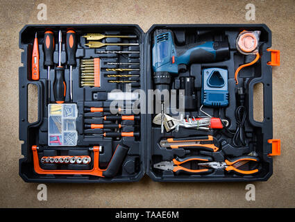Craftsman tool modern / Collection Set carpentry tools for working wood or craftsmanship and other handwork in tool box workshop top view Stock Photo