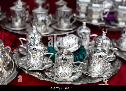 Silver Turkish coffee set at Istanbul market Stock Photo