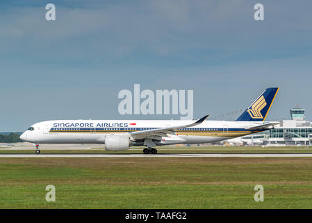 Munich, Germany - 11. September 2018 : Singapore Airlines Airbus A350-941 with the registration 9V-SMB, is starting on the southern runway at the Muni Stock Photo