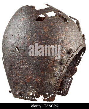 A German bascinet, circa 1370 One-piece skull tapering to a flattened spike, with semicircular face opening. The rim with continuous lining holes underneath angular fastening pegs to attach the aventail. The forehead with original hook with locking lever to attach a nasal bar or visor. Well-preserved find with major flaws on the crest and neck. Height 25.5 cm. Extremely rare type of helmet of which only few exemplars have been preserved. A very similar helmet from the collection of the German Historical Museum in Berlin (Inv. no. AB14310) can be , Additional-Rights-Clearance-Info-Not-Available Stock Photo