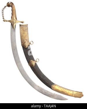 A Damascus presentation sabre for a high-ranking officer, from the Wars of Liberation, circa 1813 Broad, strongly curved blade of wild Damascus (pitting) with a protrusion and pandour point, the manufacturer's mark in the shape of four juxtaposed upright crescents on the obverse. Large gilt non-ferrous metal hilt with chain and riveted horn grip panels (damaged). In the original scabbard, covered in blackened ray skin, gilt non-ferrous metal fittings with a punched palmette frieze, two movable suspension rings. Slightly damaged in places, showing signs of age. Length circa , Editorial-Use-Only Stock Photo