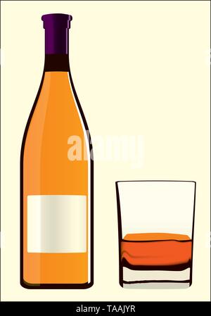 Wine bottle and glass. Closeup with label. Vector illustration Stock Vector