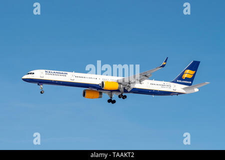 Munich, Germany - 08. February 2019 : Icelandair Boeing 757-308 with the aircraft registration TF-FIX in the approach to the northern runway of the Mu