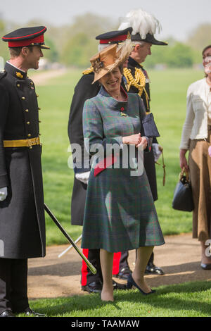 The King's Troop Royal Horse Artillery with 71 horses pulling six First World War-era 13-pounder field guns in Hyde Park staging a 41 royal gun salute for HM The Queen’s 93rd Birthday, London, UK.  Featuring: Anne, Princess Royal Where: London, United Kingdom When: 22 Apr 2019 Credit: Wheatley/WENN Stock Photo