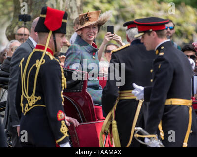 The King's Troop Royal Horse Artillery with 71 horses pulling six First World War-era 13-pounder field guns in Hyde Park staging a 41 royal gun salute for HM The Queen’s 93rd Birthday, London, UK.  Featuring: Anne, Princess Royal Where: London, United Kingdom When: 22 Apr 2019 Credit: Wheatley/WENN Stock Photo