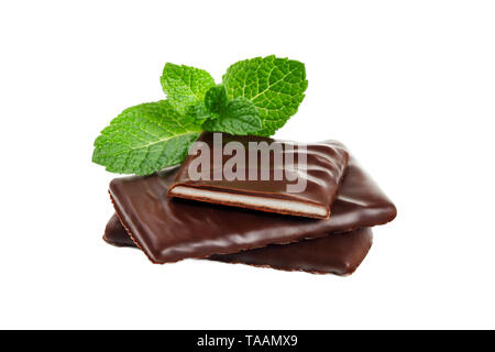 Peppermint chocolate bar with mint leaf isolated on white background Stock Photo