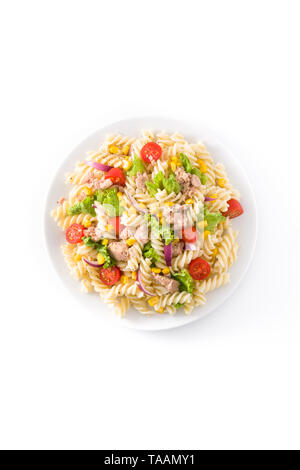 Pasta salad with vegetables isolated on white background. Top view Stock Photo