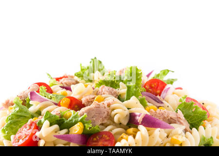 Pasta salad with vegetables isolated on white background. Close up Stock Photo