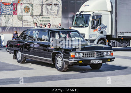 Korolev, Russia - May 18, 2019: Retro automobile Chaika for USSR government members on the city square at retro cars parade time. Stock Photo