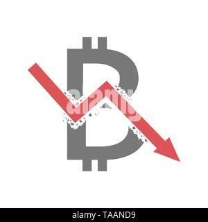 Collapse of Bitcoin. Bitcoin symbol with red arrow, financial crisis concept Vector illustration Stock Vector