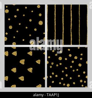 Set of 4 hand drawn seamless patterns in gold black. Stripes, polka dots, triangles, round brush stroke patterns. Abstract endless texture. Stock Vector