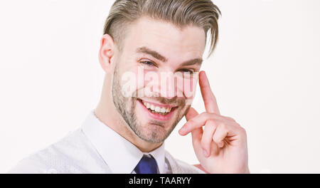 Funny idea. Bearded man smile with finger raised isolated on white. Happy macho smiling or laughing. Fresh idea concept. Businessman handsome unshaven macho satisfied with solution close up. Stock Photo