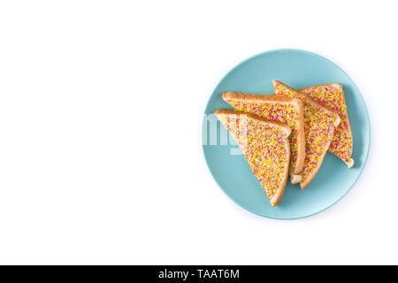 Traditional Australian fairy bread isolated on white background. Top view. Copyspace Stock Photo