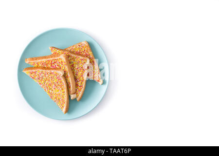 Traditional Australian fairy bread isolated on white background. Top view. Copyspace Stock Photo