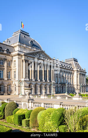 Main facade and front garden of the Royal Palace of Brussels, the official palace of the King and Queen of the Belgians in Brussels, Belgium.