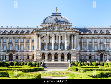 Main facade and front garden of the Royal Palace of Brussels, the official palace of the King and Queen of the Belgians in Brussels, Belgium.