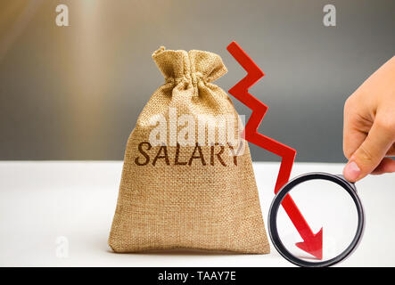 Money bag with the word Salary and arrow to down. lower salary, wage rates. demotion, career decline. lowering the standard of living. wage cuts. decr Stock Photo