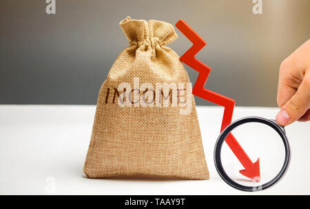 Money bag with word Income and down arrow. Reduced revenue and profits. Reduced budget. Loss of money. Unsuccessful business and poverty. Lower salary Stock Photo