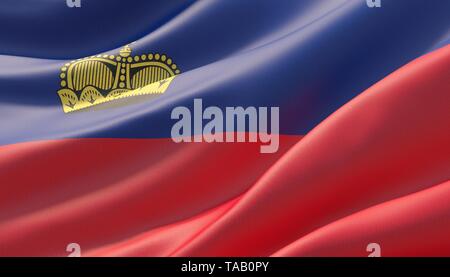 Waved highly detailed close-up flag of Liechtenstein. 3D illustration. Stock Photo