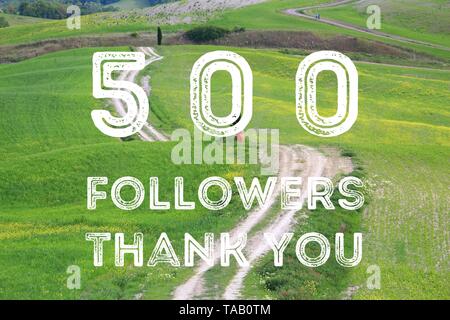 500 followers - social media milestone banner. Online community thank you note. 500 fans. Stock Photo