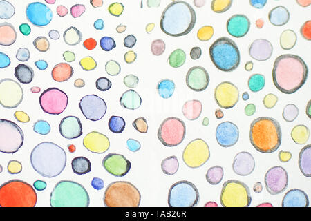 Multicolored watercolor hand drawn circles pattern. Round shapes ornament. Colored painted bubbles design. Stock Photo