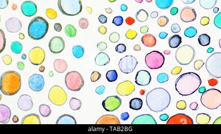 Multicolored watercolor hand drawn circles pattern. Round shapes ornament. Colored painted bubbles design. Stock Photo