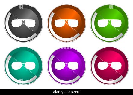 Sun glasses symbol, set of silver metallic round icons in six colors options isolated on white background, modern design vector illustration Stock Vector