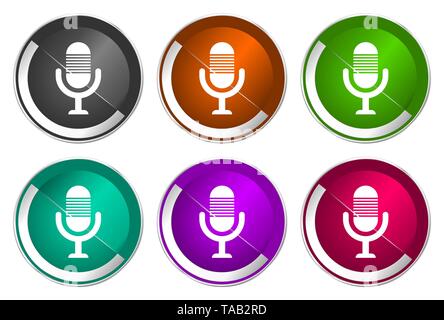 Microphone symbol, set of silver metallic round icons in six colors options isolated on white background, modern design vector illustration Stock Vector