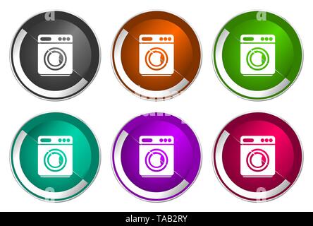 Laundry symbol, set of silver metallic round icons in six colors options isolated on white background, modern design vector illustration Stock Vector