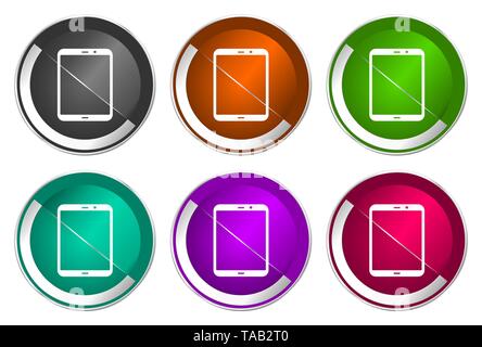 Tablet symbol, set of silver metallic round icons in six colors options isolated on white background, modern design vector illustration Stock Vector