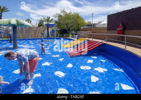 PALMA, MALLORCA, SPAIN - MAY 22, 2019: Water playground with colorful slides and water installations at Marineland on May 22, 2019 in Palma, Mallorca, Stock Photo