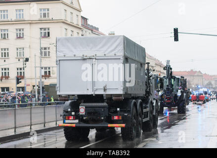 Police workers are riding police truck on military parade  in Prague, Czech Republic Stock Photo