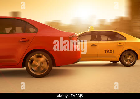 3D rendering of a conceptual image of a race between a regular taxi and an app based service Stock Photo