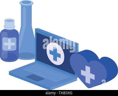 laptop and laboratory instruments isolated icon Stock Vector