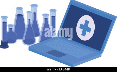 laptop and laboratory instruments isolated icon Stock Vector