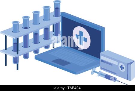 laptop and laboratory instruments isolated icon Stock Vector