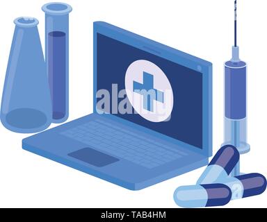 laptop and laboratory instruments isolated icon Stock Vector