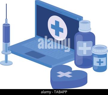 laptop and laboratory instruments isolated icon Stock Vector