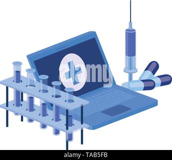 laptop and laboratory instruments isolated icon Stock Vector