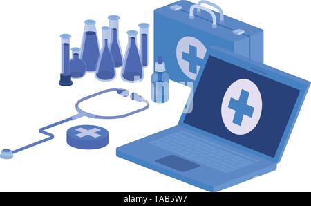 laptop and laboratory instruments isolated icon Stock Vector