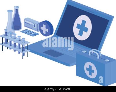 laptop and laboratory instruments isolated icon Stock Vector