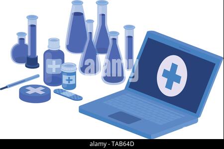 laptop and laboratory instruments isolated icon Stock Vector