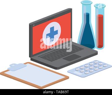 laptop and laboratory instruments isolated icon Stock Vector