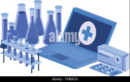 laptop and laboratory instruments isolated icon Stock Vector