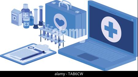 laptop and laboratory instruments isolated icon Stock Vector