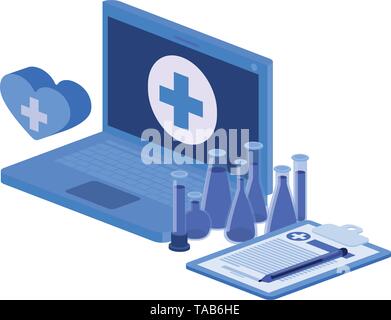 laptop and laboratory instruments isolated icon Stock Vector