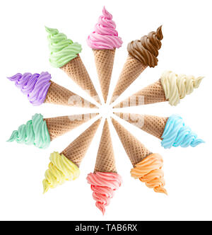 isolated mixed ice creams in cones on white background Stock Photo