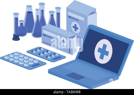 laptop and laboratory instruments isolated icon Stock Vector
