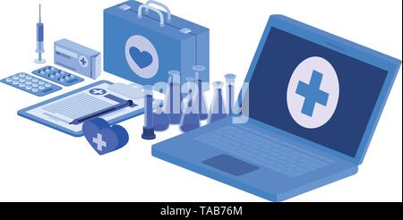 laptop and laboratory instruments isolated icon Stock Vector